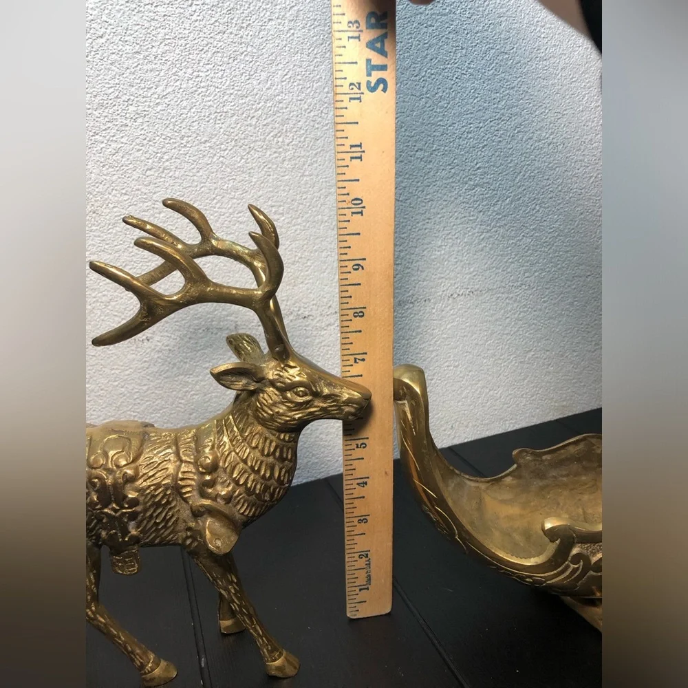 VINTAGE  LARGE BRASS REINDEER SLEIGH CHERUB SET CHRISTMAS HEAVY